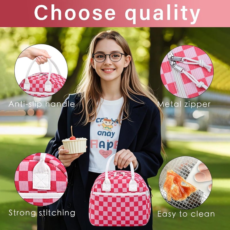 Carry bloom Lunch Box for Women, Insulated Lunch Bag Cute Corduroy Lunchbag Reusable Lunchbox for Work (checkered rose pink) - Image 3